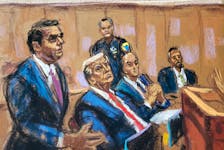 Former U.S. President Donald Trump listens as his lawyer Todd Blanche argues with Judge Juan Merchan (not seen) during a court hearing on charges of falsifying business records to cover up a hush money payment to a porn star before the 2016 election, at a court in New York, U.S., February 15, 2024 in this courtroom sketch.
