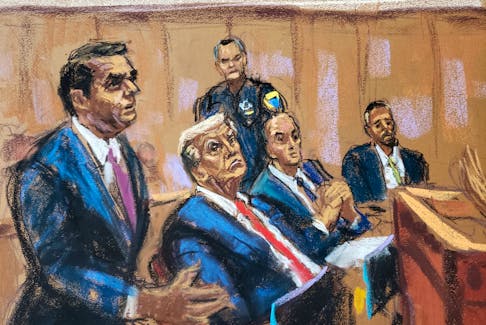 Former U.S. President Donald Trump listens as his lawyer Todd Blanche argues with Judge Juan Merchan (not seen) during a court hearing on charges of falsifying business records to cover up a hush money payment to a porn star before the 2016 election, at a court in New York, U.S., February 15, 2024 in this courtroom sketch.