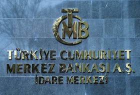 A logo of Turkey's Central Bank is pictured at the entrance to its headquarters in Ankara, Turkey February 8, 2024.