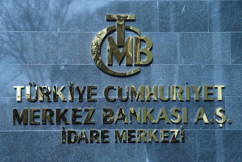A logo of Turkey's Central Bank is pictured at the entrance to its headquarters in Ankara, Turkey February 8, 2024.