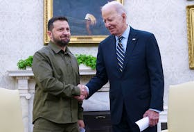 U.S. President Joe Biden shakes hands with Ukrainian President Volodymyr Zelenskiy as they meet in the Oval Office of the White House in Washington, September 21, 2023.