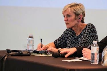 U.S. Secretary of Energy Jennifer Granholm listens to questions from the audience during the PR100 event in Orocovis, Puerto Rico, March 28, 2023. 