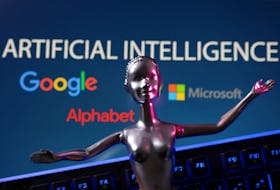 Google, Microsoft and Alphabet logos and AI Artificial Intelligence words are seen in this illustration taken, May 4, 2023.