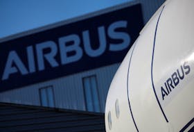 The logo of Airbus is pictured outside the Airbus facility in Saint-Nazaire, France, November 7, 2023.