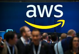 An Amazon Web Services (AWS) logo is pictured during a trade fair in Hannover Messe, in Hanover, Germany, April 22, 2024. 