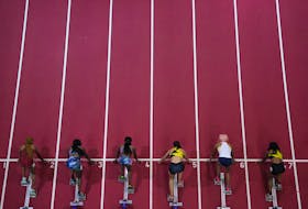 Feb 17, 2024; Albuquerque, NM, USA; Sprinters in the starting blocks of a women's 60m heat during the USATF Indoor Championships at Albuquerque Convention Center. From left: Samirah Moody, Mikiah Brisco, Tamara Clark, Divonne Franklin, Kiara Lagwen Brown and Taylor Anderson. Mandatory Credit: Kirby Lee-USA TODAY Sports/File Photo