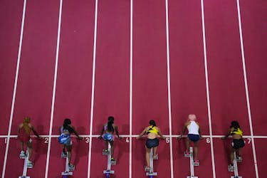 Feb 17, 2024; Albuquerque, NM, USA; Sprinters in the starting blocks of a women's 60m heat during the USATF Indoor Championships at Albuquerque Convention Center. From left: Samirah Moody, Mikiah Brisco, Tamara Clark, Divonne Franklin, Kiara Lagwen Brown and Taylor Anderson. Mandatory Credit: Kirby Lee-USA TODAY Sports/File Photo