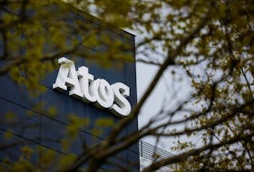 A view of the logo of French IT consulting firm Atos on a company's building in Nantes, France, April 22, 2024.