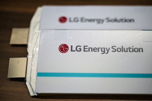 Battery cells with the logo of LG Energy Solution are displayed at the company headquarters in Seoul, South Korea, April 23, 2024.  