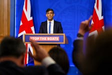 British Prime Minister Rishi Sunak attends a press conference at Downing Street in London, Britain, April 22, 2024.