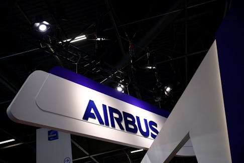 The logo of Airbus is seen at the Milipol Paris, the worldwide exhibition dedicated to homeland security and safety, in Villepinte near Paris, France, November 15, 2023.