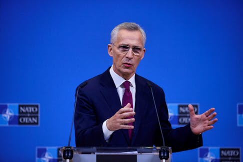 NATO Secretary General Jens Stoltenberg speaks during a press conference, at the NATO Headquarters in Brussels, Belgium, April 4, 2024.