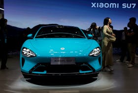 A Xiaomi SU7 electric vehicle is displayed at the Beijing International Automotive Exhibition, or Auto China 2024, in Beijing, China, April 25, 2024.
