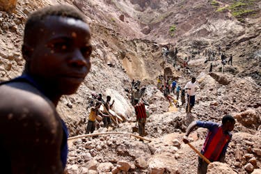 Labourers work at an open shaft of the SMB coltan mine near the town of Rubaya in the Eastern Democratic Republic of Congo, August 13, 2019. Picture taken August 13, 2019.