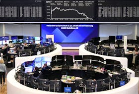 The German share price index DAX graph is pictured at the stock exchange in Frankfurt, Germany, April 24, 2024.    