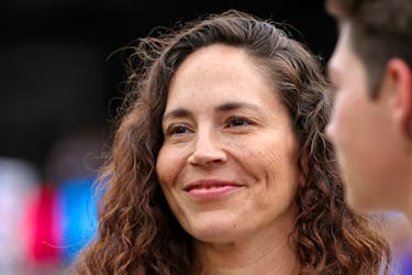 Sep 24, 2023; Chicago, Illinois, USA; Sue Bird, fiance of United States forward Megan Rapinoe (not pictured) looks on before the game between the United States and South Africa at Soldier Field. Mandatory Credit: Jon Durr-USA TODAY Sports/File Photo