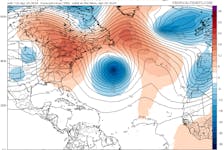 Canadian global model projection of 500 mb Geopotential Height & Anomaly Sunday night into Monday. Upper-level ridging is expected from central Canada to southern Greenland, but there will still be unsettled weather for some at the surface. -Contributed/TropicalTidbits.com