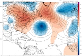 Canadian global model projection of 500 mb Geopotential Height & Anomaly Sunday night into Monday. Upper-level ridging is expected from central Canada to southern Greenland, but there will still be unsettled weather for some at the surface. -Contributed/TropicalTidbits.com