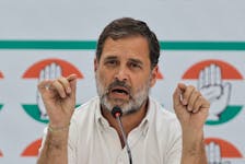 Rahul Gandhi, a senior leader of India's main opposition Congress party, gestures as he addresses the media during the party's manifesto release event ahead of the general election, in New Delhi, India, April 5, 2024.