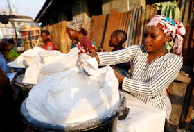 A vendor sells cassava flour at a traditional market in Bariga district, in Lagos, Nigeria January 15, 2021. Picture taken January 15, 2021.