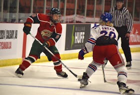 Ethan Dickson of the Kensington Wild, left, had four goals and five points going into the team’s game Thursday against Magog. JEREMY FRASER/CAPE BRETON POST