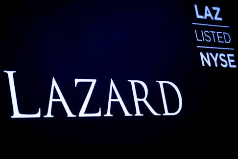 The logo and trading information for Lazard Ltd appear on a screen on the floor at the New York Stock Exchange (NYSE) in New York, U.S., April 24, 2019.