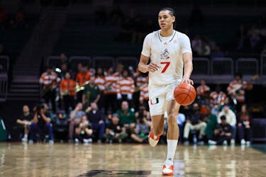 Jan 3, 2024; Coral Gables, Florida, USA; Miami Hurricanes guard Kyshawn George (7) dribbles the basketball against the Clemson Tigers during the second half at Watsco Center. Mandatory Credit: Sam Navarro-USA TODAY Sports/File Photo