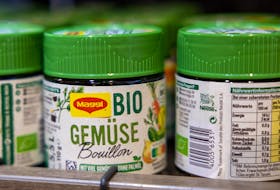 Jars of Maggi bio vegetable stock, part of food giant Nestle's portfolio, are seen in the company's headquarters in Vevey, Switzerland, February 21, 2024.