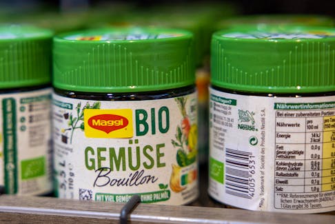 Jars of Maggi bio vegetable stock, part of food giant Nestle's portfolio, are seen in the company's headquarters in Vevey, Switzerland, February 21, 2024.