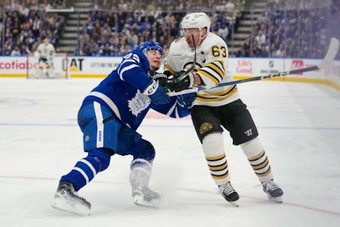 Apr 24, 2024; Toronto, Ontario, CAN; Toronto Maple Leafs forward Matthew Knies (23) battles with Boston Bruins forward Brad Marchand (63) during the second period of game three of the first round of the 2024 Stanley Cup Playoffs at Scotiabank Arena. Mandatory Credit: John E. Sokolowski-USA TODAY Sports