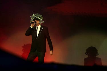 Neil Tennant of the Pet Shop Boys performs during a concert at the Rock in Rio Music Festival in Rio de Janeiro, Brazil September 15, 2017.