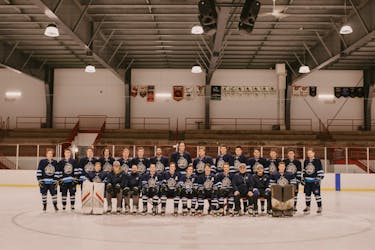 The Pownal Ice Dogs are representing P.E.I. at the 2024 Maritime junior C hockey championship tournament this week in Miramichi, N.B. Team members are, front row, from left: Ethan Smith, Sammy Docherty (assistant coach), Curtis Martell (coach), Sam Worth, Thomas Docherty, Reid Peardon (captain), Noah Brehaut, Tristan Lea, Travis Martell (coach), Thomas Hebert (assistant coach) and Caleb Drake. Back row: Connor MacFadyen, Owen Robison, Jet Trainor, Mason Atkinson, Josh Flynn, Cam Myers, Hunter MacLeod, Lawson Docherty, Isaac Drake, Cale Archibald, Aiden Drake, Michael Kiley, Lance Kennedy, Will Landry and Reese McIsaac. Missing from photo are Aidan Arsenault, Ryan MacDonald and Della Martell (manager). Contributed