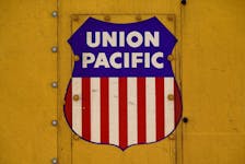 Union Pacific livery on the side of a cargo locomotive is pictured ahead of a possible strike if there is no deal with the rail worker unions, at Union Station in Los Angeles, California, U.S., September 15, 2022.