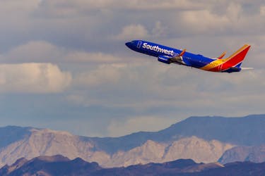 A Southwest commercial airliner takes off from Las Vegas International Airport in Las Vegas, Nevada, U.S., February 8, 2024. 