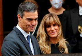Spanish Prime Minister Pedro Sanchez and his wife Maria Begona Gomez Fernandez leave after meeting with Pope Francis, at the Vatican, October 24, 2020.