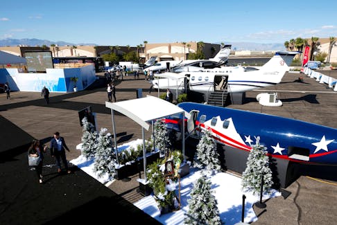 A view of planes at the Textron Aviation, makers of Cessna and Beechcraft brands, booth at the Henderson Executive Airport during the NBAA Business Aviation Convention & Exhibition in Henderson, Nevada, U.S., October 12, 2021. 
