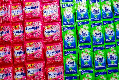 A view of plastic sachets of Unilever's Sunlight and Surf Excel laundry detergent at a shop in Colombo, Sri Lanka, June 1, 2022. Picture taken June 1, 2022.