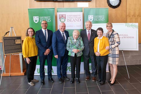 Don and Marion McDougall have announced a $3 million donation to the UPEI's business faculty, now renamed to McDougall Faculty of Business. From left, Tina Saksida, associate professor of McDougall Faculty of Business, Tarek Mady, dean of McDougall Faculty of Business, Greg Keefe, interim president and vice-chancellor, Marion McDougall, Don McDougall, chancellor Diane Griffin, and Myrtle Jenkins-Smith, executive director of development and alumni engagement. - Contributed
