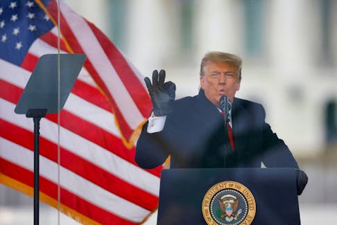U.S. President Donald Trump gestures as he speaks during a rally to contest the certification of the 2020 U.S. presidential election results by the U.S. Congress, in Washington, U.S, January 6, 2021.
