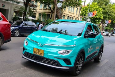 A VinFast electric taxi operated by Vietnam-based fleet operator Green SM is pictured in Hanoi, Vietnam, October 10, 2023.