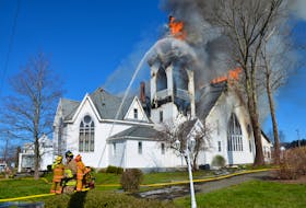 Firefighters from several Annapolis, Kings and Queens county departments battled a structure fire at the Bridgetown Baptist Church on April 26.
Lawrence Powell • Special to the Annapolis Valley Register
