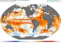 Sea surface temperature anomalies in the equatorial Pacific show colder than normal temperatures are starting the return. This will mark the transition to neutral conditions with La Niña expected to return this summer to fall. -Contributed/Climate Reanalyzer (https://ClimateReanalyzer.org)