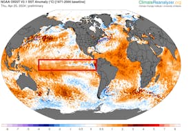 Sea surface temperature anomalies in the equatorial Pacific show colder than normal temperatures are starting the return. This will mark the transition to neutral conditions with La Niña expected to return this summer to fall. -Contributed/Climate Reanalyzer (https://ClimateReanalyzer.org)