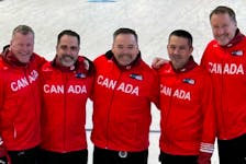 Canada's Paul Flemming rink, out of the Halifax Curling Club, advanced to the gold medal game of the world senior men's curling championship in Ostersund, Sweden. From left are: alternate Kevin Ouelette, lead Kris Granchelli, second Martin Gavin, third Peter Burgess and Flemming. - Curling Canada