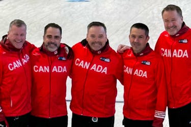 Canada's Paul Flemming rink, out of the Halifax Curling Club, advanced to the gold medal game of the world senior men's curling championship in Ostersund, Sweden. From left are: alternate Kevin Ouelette, lead Kris Granchelli, second Martin Gavin, third Peter Burgess and Flemming. - Curling Canada
