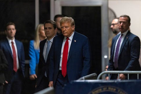 Former US President Donald Trump exits at Manhattan criminal court in New York, US, on Thursday, April 25, 2024.  JEENAH MOON/Pool via