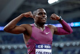 Athletics - Diamond League - Xiamen - Xiamen Egret Stadium, Xiamen, China - April 20, 2024 Christian Coleman of the U.S. celebrates after winning the men's 100m final