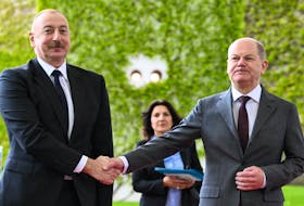 German Chancellor Olaf Scholz welcomes Azerbaijan's President Ilham Aliyev at the Chancellery in Berlin, Germany, April 26, 2024.