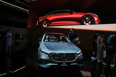 A Mercedes Benz E300 is displayed at the Beijing International Automotive Exhibition, or Auto China 2024, in Beijing, China, April 25, 2024.