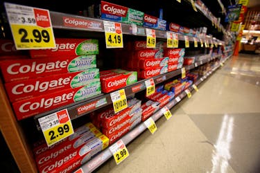Colgate toothpaste is pictured on sale at a grocery store in Pasadena, California January 30, 2014.